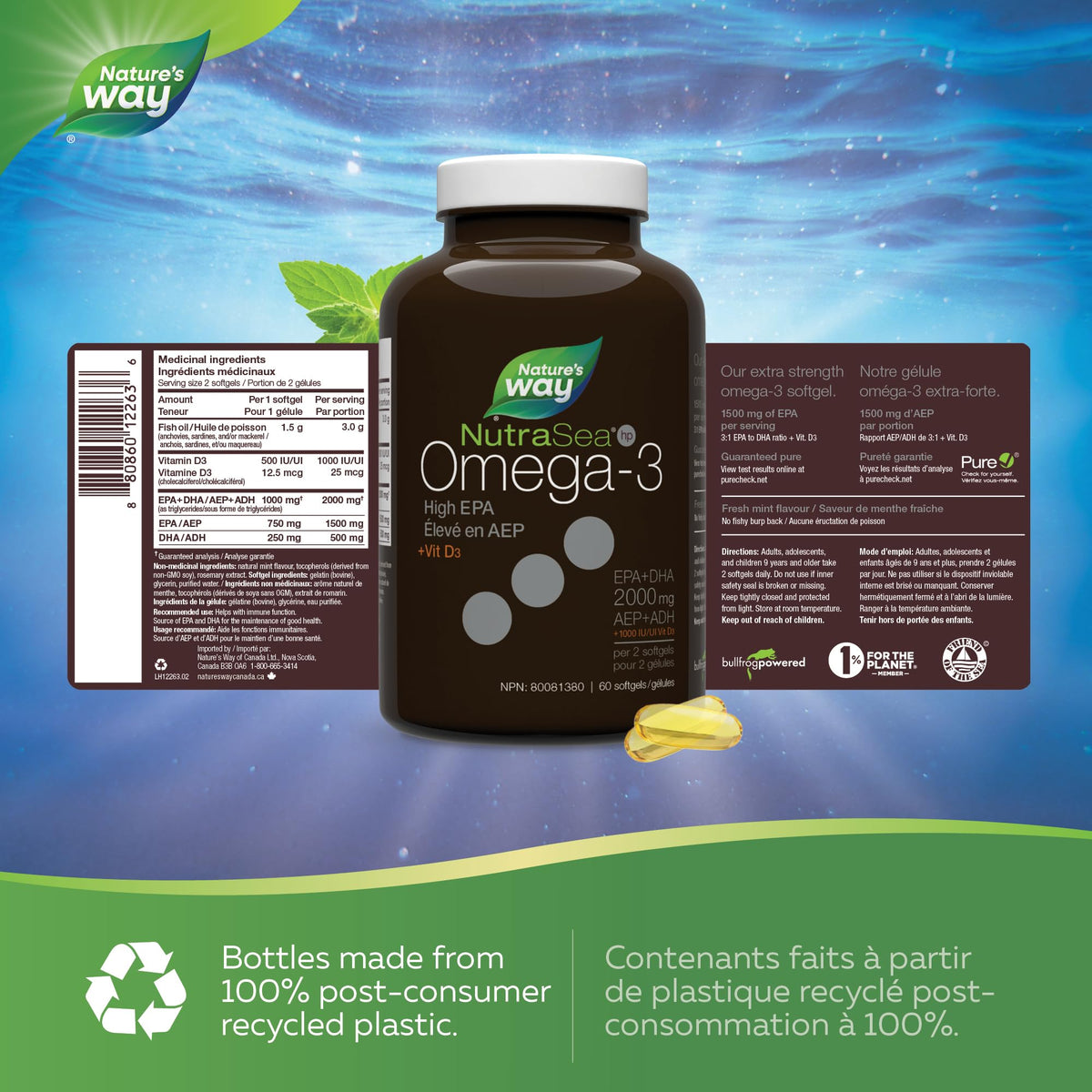 Nature's Way NutraSea HP Omega 3 + Vitamin D Softgels Supplement with Fish Oil – High Potency – Heart, Brain, Bone & Immune Support for Adults and Kids Ages 9+ – EPA & DHA + 1000IU D3, 60 Softgels