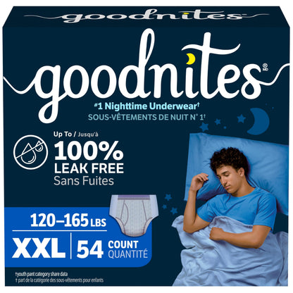 Goodnites Boys' Nighttime Underwear, Size XXL (120-165 lbs), 54 Ct (3 Packs of 18), Packaging May Vary