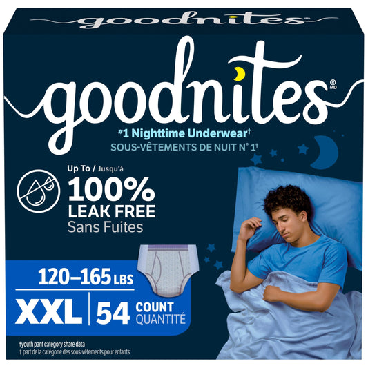 Goodnites Boys' Nighttime Underwear, Size XXL (120-165 lbs), 54 Ct (3 Packs of 18), Packaging May Vary