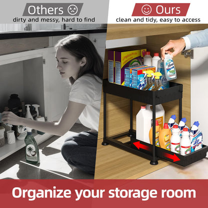 Sevenblue 4 Pack Under Sink Organizer and Storage,Bathroom Organizers, Multi-Use Under Sink Organizer for Bathroom and Kitchen with Sliding Drawer, Hang Hooks and Cup (Black, L)