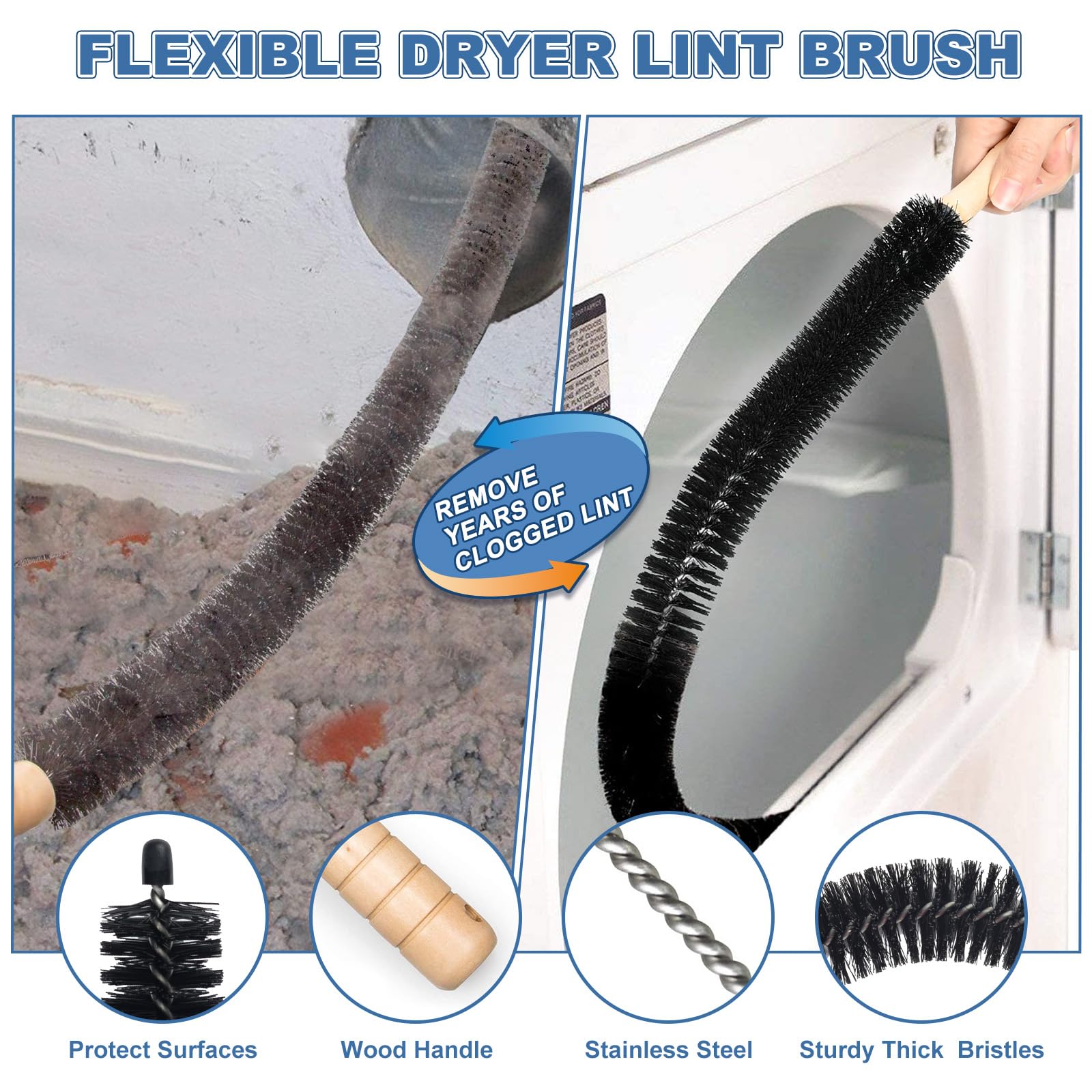 PetOde 2 Pieces Dryer Vent Cleaner Kit Compatible with All Vacuum Cleaner, Dryer Lint Brush and Vacuum Hose Attachment with Stretch Universal Connector, Quickly Lint Remover, Deep Gray