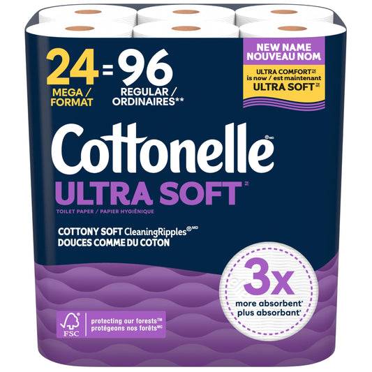 Cottonelle Toilet Paper, 24 Mega Rolls = 96 Regular Rolls, Ultra Soft (Formerly Ultra Comfort), Soft Bathroom Tissue, 244 Sheets per Roll, Packaging May Vary