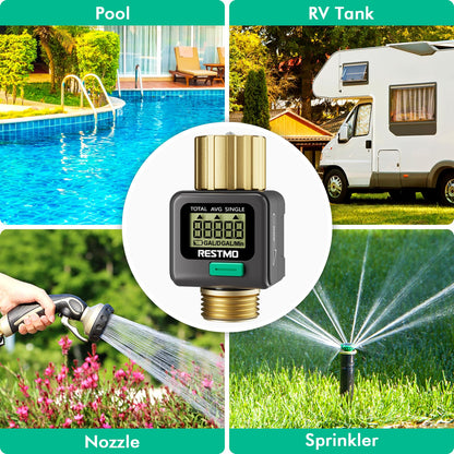 RESTMO Water Flow Meter, Pure Brass Inlet & Outlet | 4 Measure Modes | Display Gallon/Liter Usage and Flow Rate | Ideal to Outdoor Garden Hose, Lawn Sprinkler Watering, RV Water Tank Filling