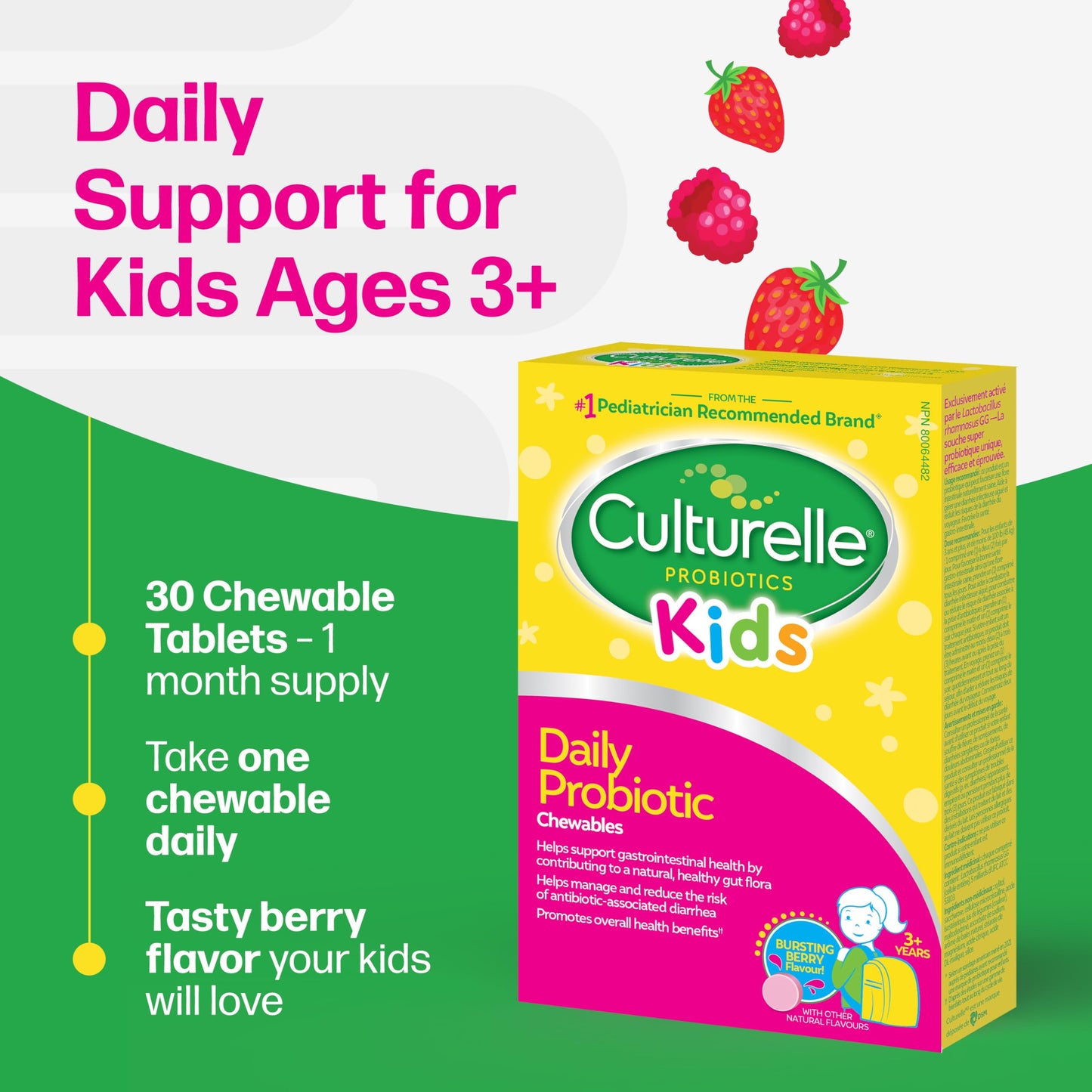 Culturelle Kids Daily Probiotic Chewable for Kids, With 100% Naturally Sourced Lactobacillus GG Strain, Most Clinically Studied Probiotic, Pediatrician Recommended, Berry Flavor, 60 Count Chews 🍁 All In One Marketplace Canada