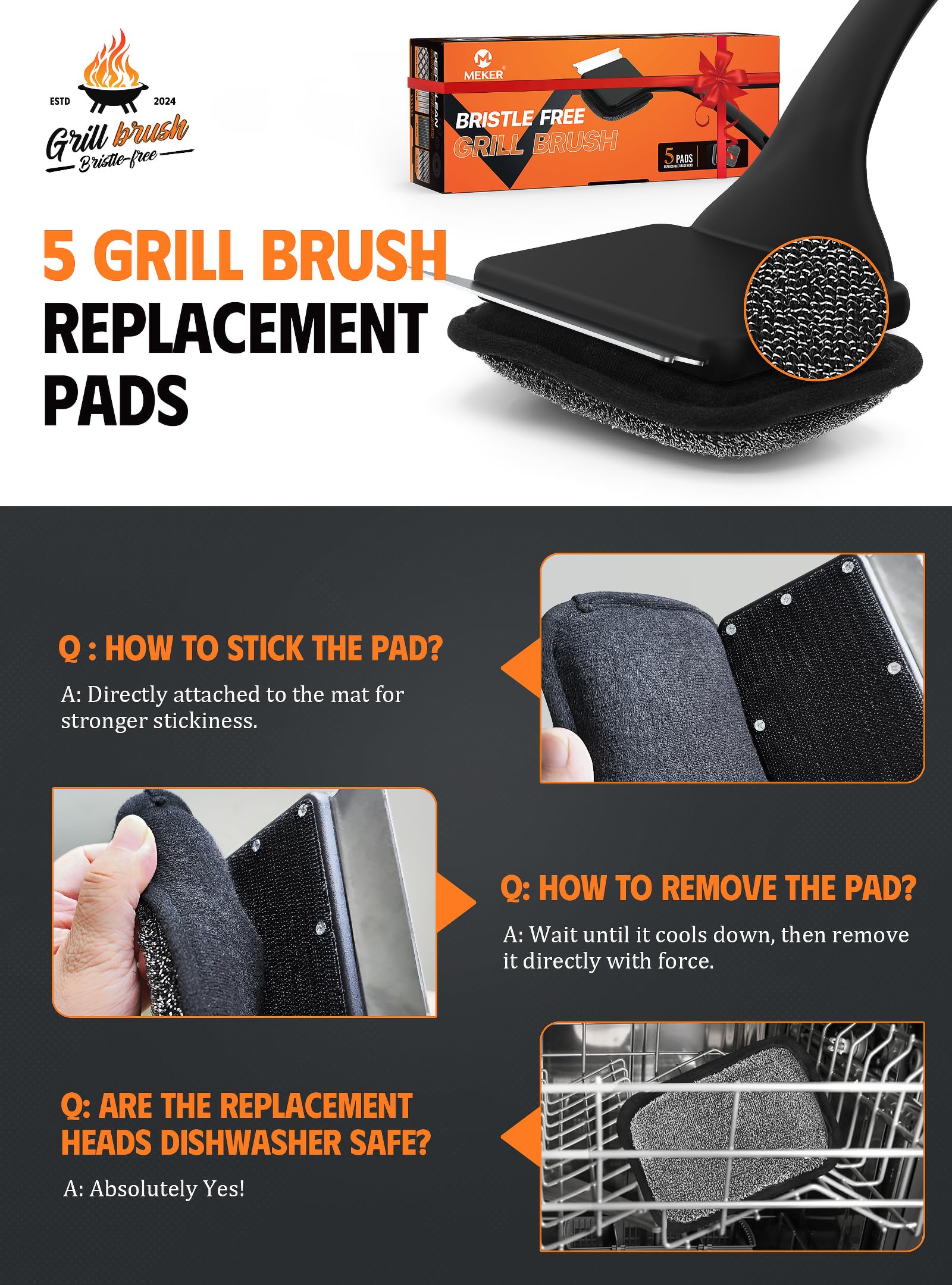 MEKER Grill Brush Bristle Free, Grill Cleaner Brush with 5 BBQ Replacement Head for Cast Iron, Stainless Steel Grates, Safe Grill Scraper Outdoor BBQ Grill, Black - Available at All In One Marketplace Canada
