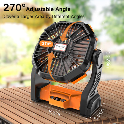 Kssvzz Portable Camping Fan with LED, 20000mAh Rechargeable Battery Powered Fan, 270°Pivot Personal USB Fan, 4 Speed Quiet Table Fan, 9’’ Battery Operated Tent Fan for Travel, Picnic(Orange)