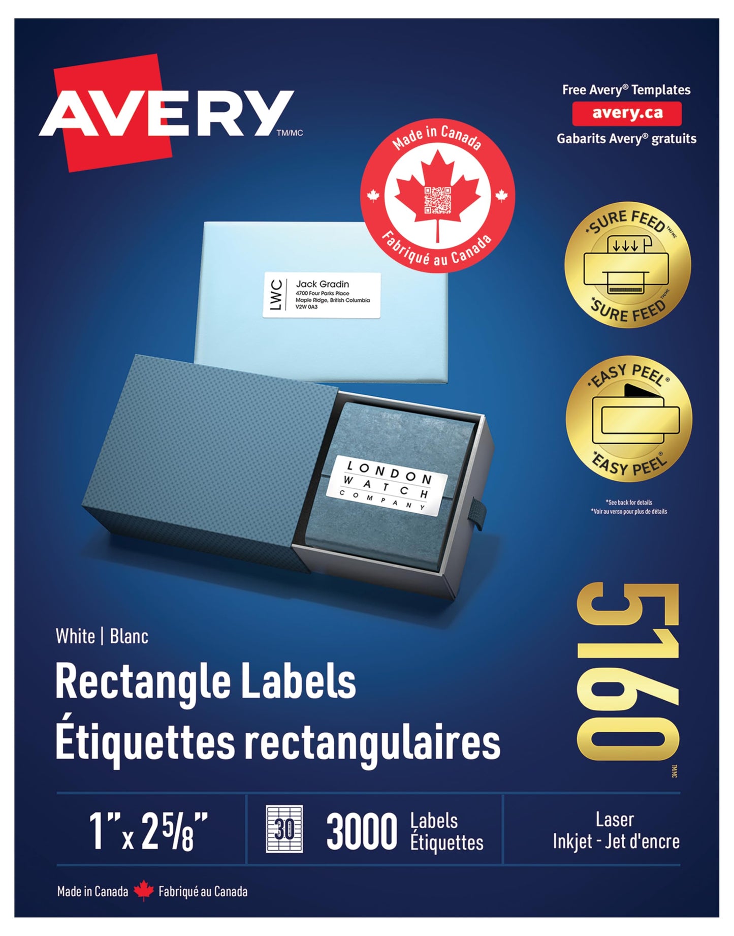Avery 5160 White Rectangle Labels, 1'' x 2-5/8'' 30up 3000, FBA, Laser/Inkjet Printers Label, Permanent, (5160), Made in Canada 🍁 All In One Marketplace Canada