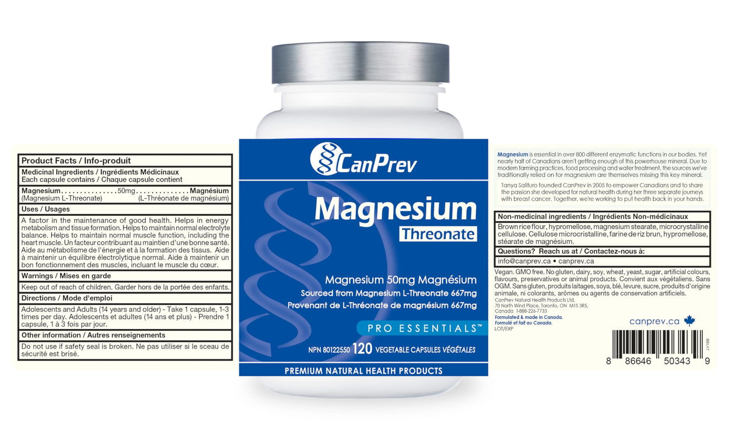 CanPrev Magnesium L-Threonate 50mg, 120 Capsules 120-Day Supply - Optimal Absorption Formula for Improve Sleep, Muscle Function, Maintain Healthy Electrolyte Balance - Vegan, Non-GMO and Gluten-Free - Available at All In One Marketplace Canada