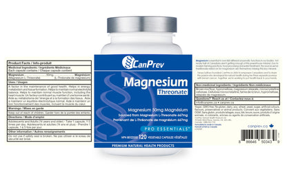 CanPrev Magnesium L-Threonate 50mg, 120 Capsules 120-Day Supply - Optimal Absorption Formula for Improve Sleep, Muscle Function, Maintain Healthy Electrolyte Balance - Vegan, Non-GMO and Gluten-Free - Available at All In One Marketplace Canada