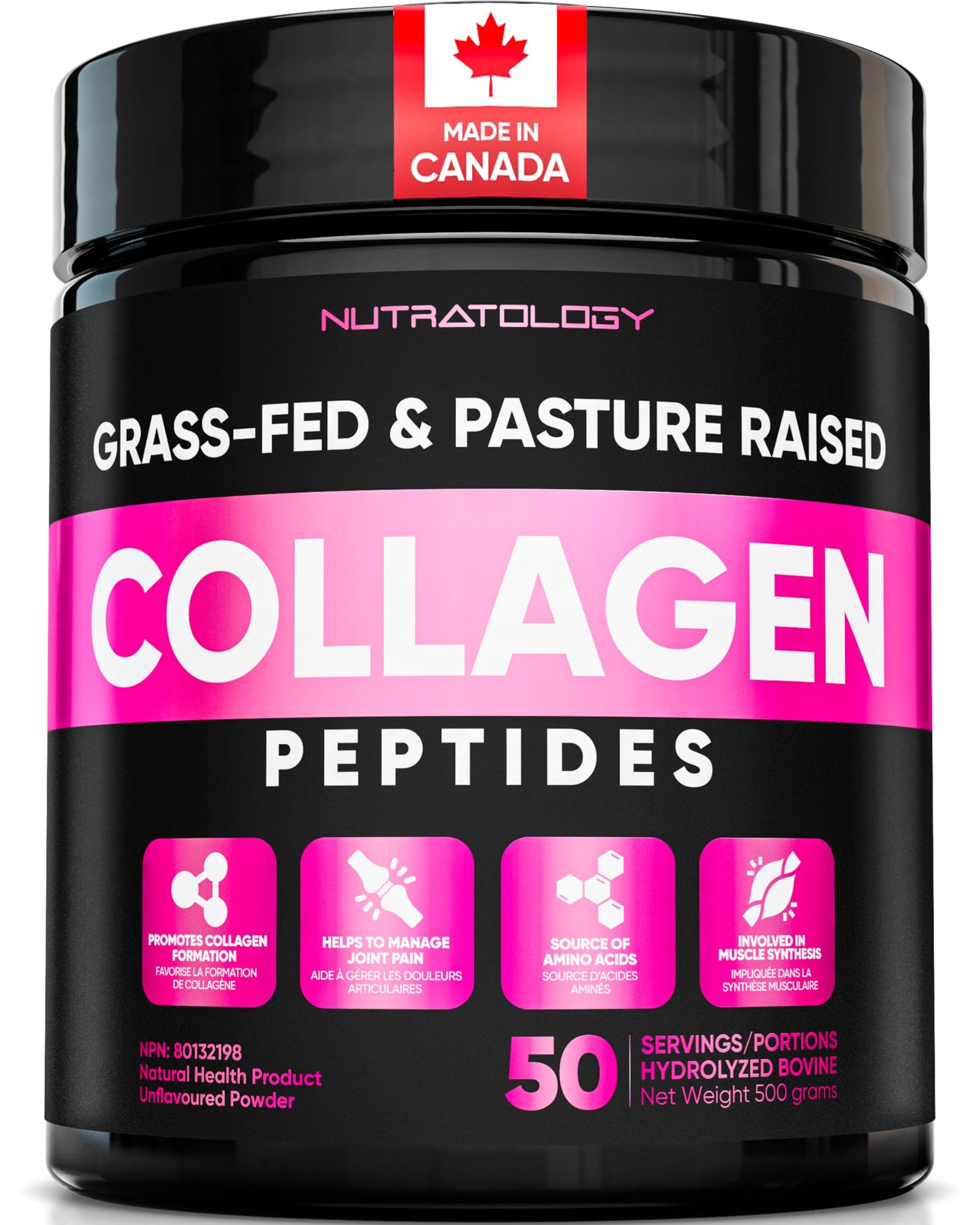 Nutratology® Collagen Powder | Grass-Fed & Canadian-Made | Dissolves Easily | 50 Servings | Supports Healthy Hair, Skin, Nails, & Joints | Hydrolyzed Collagen Peptides Type 1 & 3 | Unflavoured | 500G - Available at All In One Marketplace Canada