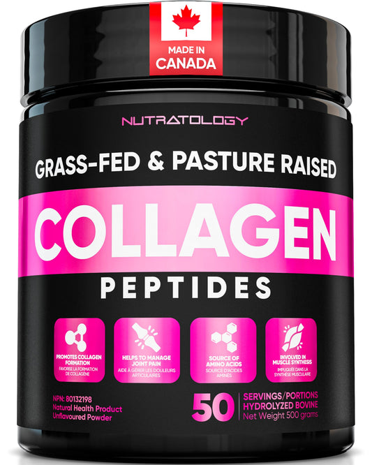 Nutratology® Collagen Powder | Grass-Fed & Canadian-Made | Dissolves Easily | 50 Servings | Supports Healthy Hair, Skin, Nails, & Joints | Hydrolyzed Collagen Peptides Type 1 & 3 | Unflavoured | 500G - Available at All In One Marketplace Canada