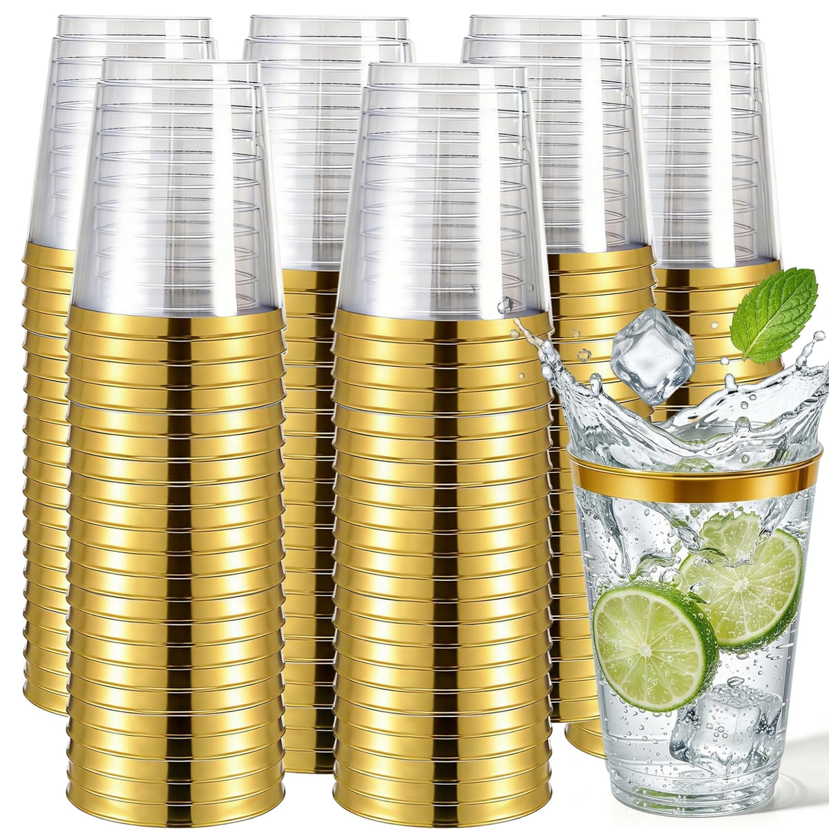 Tebery 100 Pack 12 Oz Gold Plastic Cups, Heavy Duty Clear Wedding Party Tumblers, Reusable BPA-Free Wine Cup with Gold Rim, Cocktail Drinkware for Picnic, BBQ, Camping, Christmas Events 🍁 All In One Marketplace Canada