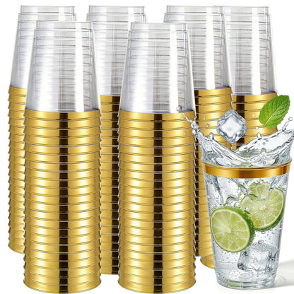Tebery 100 Pack 12 Oz Gold Plastic Cups, Heavy Duty Clear Wedding Party Tumblers, Reusable BPA-Free Wine Cup with Gold Rim, Cocktail Drinkware for Picnic, BBQ, Camping, Christmas Events 🍁 All In One Marketplace Canada