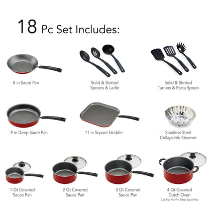 Tramontina PrimaWare 18 Pc Aluminum Nonstick Cookware Set, Red Tramontina
