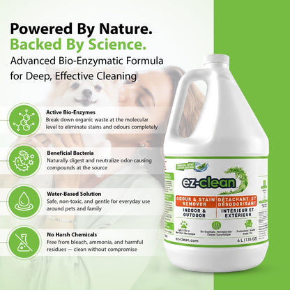 ez-clean Advanced Odor Remover- Highly Concentrated Bio Enzyme - Pet Odor Eliminator for Dog, Cat, and Small Animal Urine - Indoor & Outdoor Use for Any Organic Spills (4L jug)