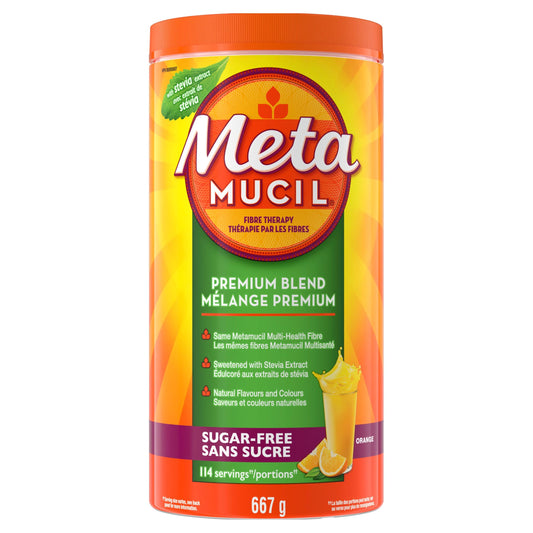 Metamucil, Premium Blend, Daily Psyllium Husk Powder Supplement, Sugar-Free with Stevia, 4-in-1 Fibre for Digestive Health, Orange Smooth Flavored Drink, 114 Servings - Available at All In One Marketplace Canada