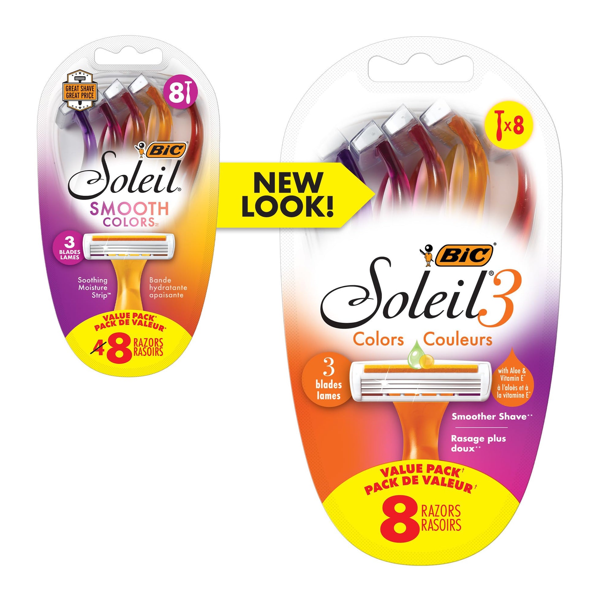 BIC Soleil 3 Colors Women's Disposable 3-Blade Razors, Aloe Strip, Women's Razors for University Residence Room Essentials and First Apartment Essentials, 8-Pack - Available at All In One Marketplace Canada