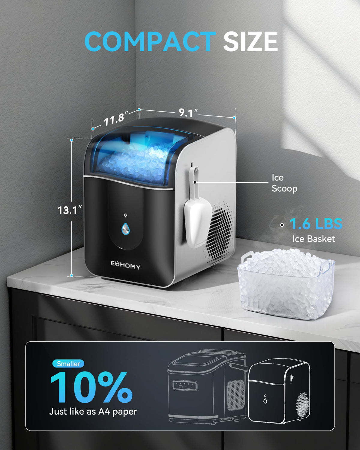 Machine à glaçons à pépites intelligente EUHOMY pour comptoir, machine à glaçons Sonic 18 kg/24 h avec contrôle par application, prête en 8 minutes, machine à glaçons en forme de galets autonettoyante pour la maison, la cuisine ou le bureau