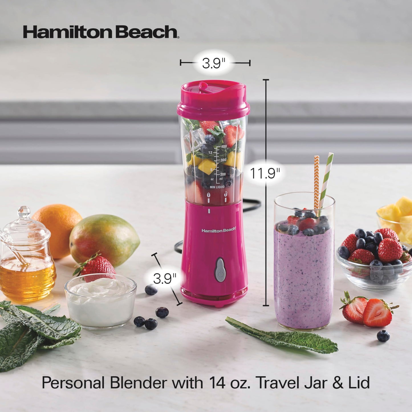Hamilton Beach Personal Blender for Smoothies & Protein Shakes, Portable Single Serve Blender with Travel Lid, 14 oz BPA-Free Jar, 175W, Compact Countertop Blender, Raspberry, 51131G 🍁 All In One Marketplace Canada