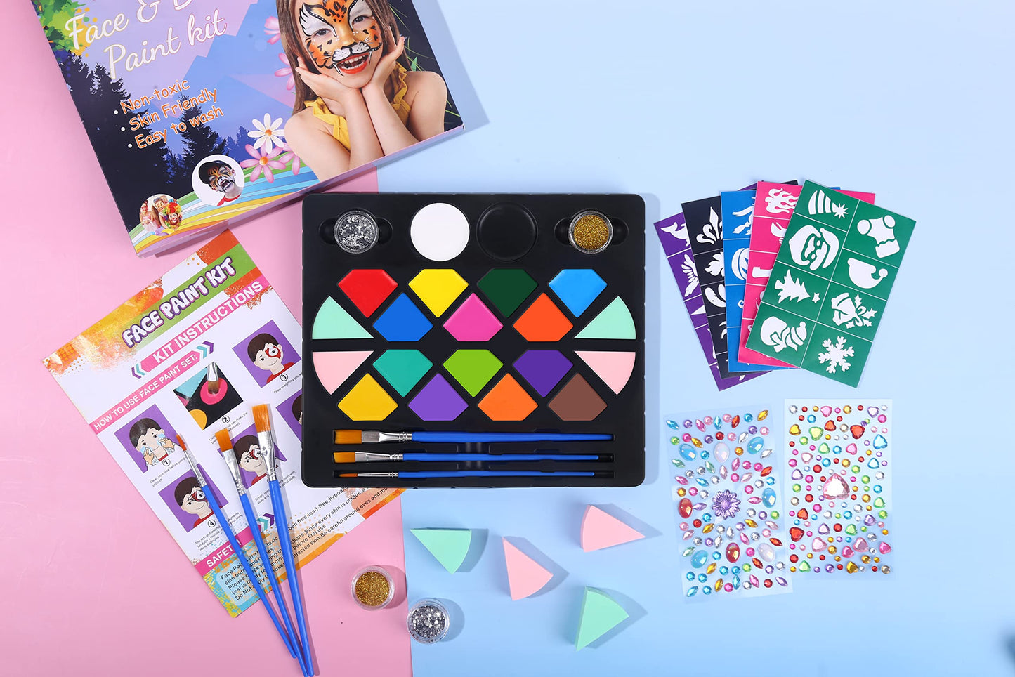 BOBISUKA Face Painting Kit for Kids - 16 Colors Water Based Body Face Paint Includes Brushes,Sponges,Glitters,Gem Sheet,Instructions,Stencils for Halloween Party Costume SFX Makeup - Available at All In One Marketplace Canada