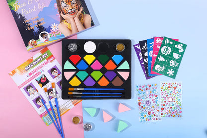 BOBISUKA Face Painting Kit for Kids - 16 Colors Water Based Body Face Paint Includes Brushes,Sponges,Glitters,Gem Sheet,Instructions,Stencils for Halloween Party Costume SFX Makeup - Available at All In One Marketplace Canada