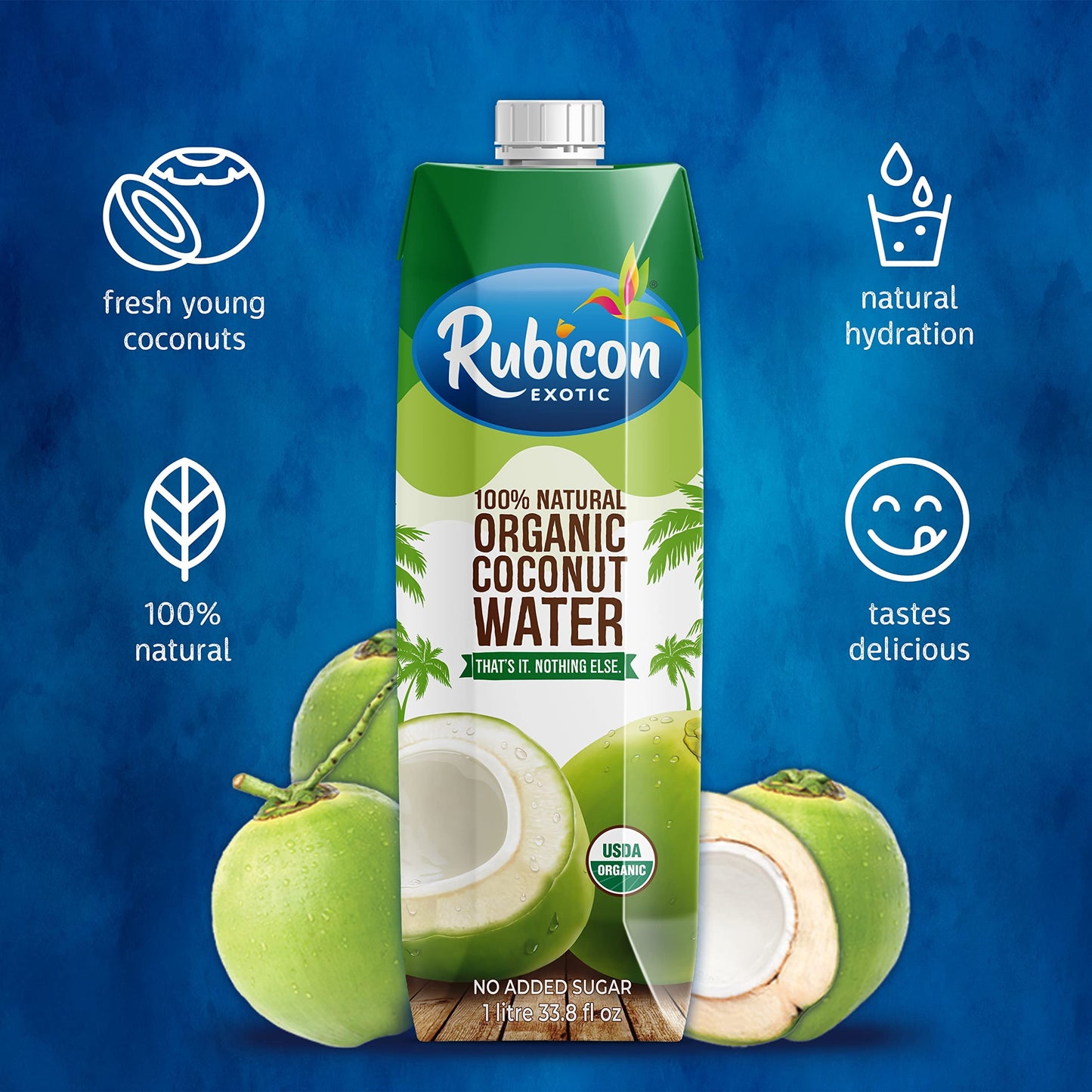 Rubicon Organic Coconut Water – 8 Pack of 1L Cartons | Natural Electrolytes, Non-GMO, No Added Sugar
