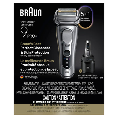 Braun Series 9 PRO+ Electric Razor for Men, Electric Foil Shaver, with Precision Trimmer, Pro SensoAdapt, 6in1 SmartCare Center, 9667CC, Silver