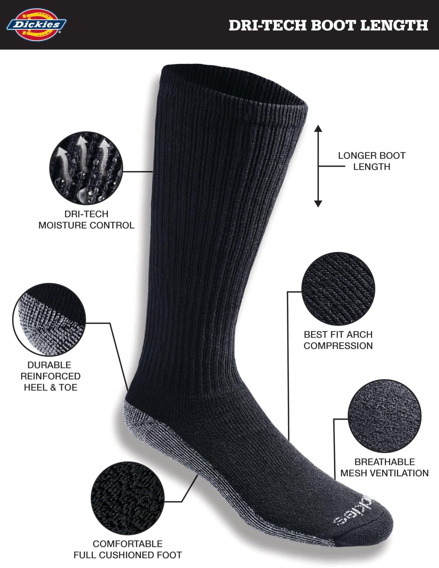 Dickies Men's Multi-Pack Dri-tech Moisture Control Boot-Length Socks, Black (6 Pairs), Shoe Size: 6-12 - Available at All In One Marketplace Canada