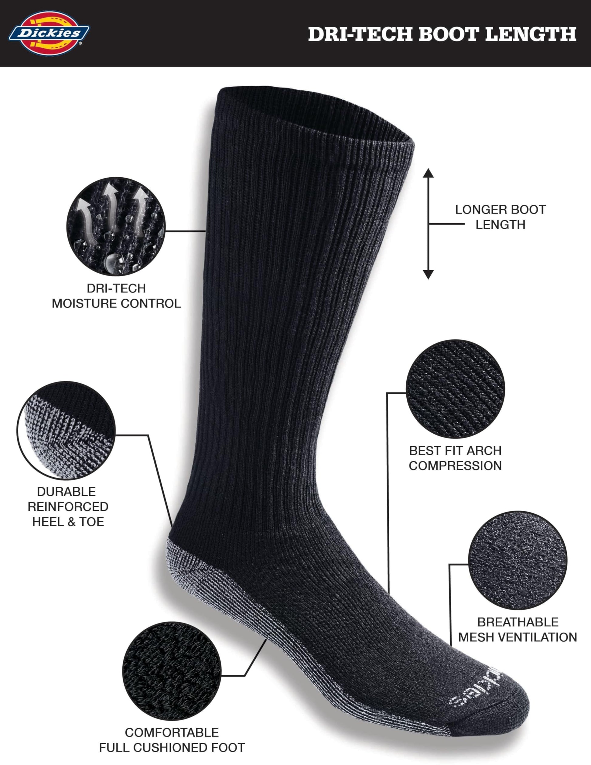 Dickies Men's Multi-Pack Dri-tech Moisture Control Boot-Length Socks, Black (6 Pairs), Shoe Size: 6-12 - Available at All In One Marketplace Canada