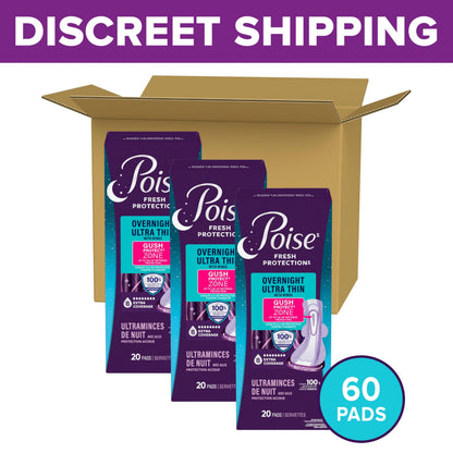 Poise Overnight Ultra Thin Incontinence & Postpartum Pads with Wings for Bladder Leaks, 8 Drop Extra Absorbent, Long Length, 60 Count (3 Packs of 20) 🍁 All In One Marketplace Canada