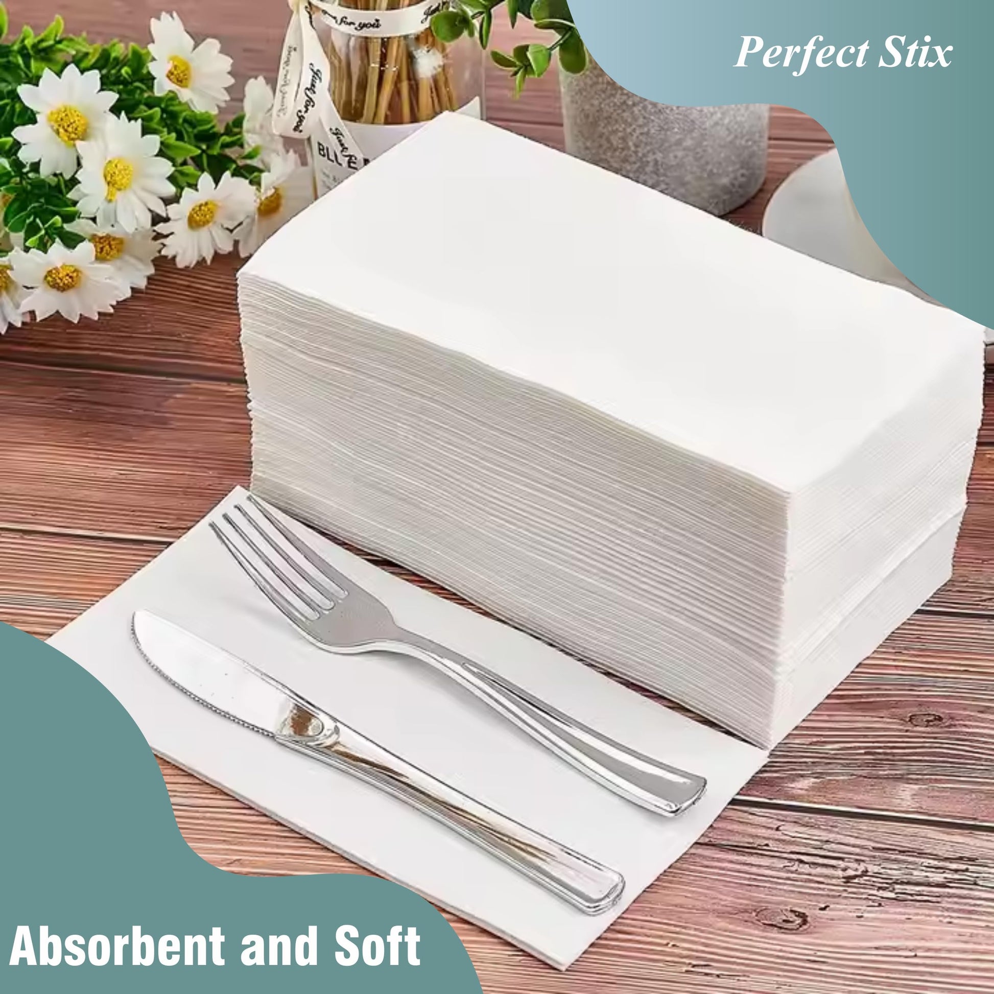 Perfect Stix White Dinner Napkin-300 2-Ply White Dinner Napkins, 0.1" Height, 17" width, 15" Length (Pack of 300) Perfect Stix