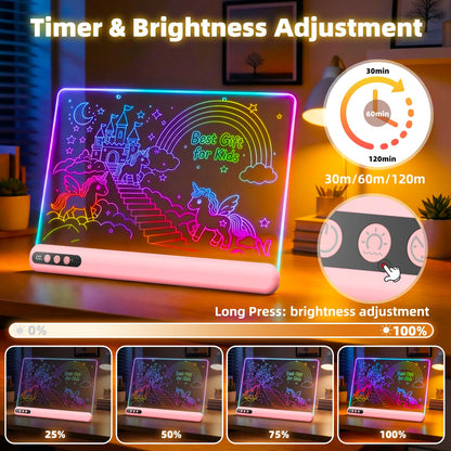 16'' LED Drawing Board for Kids, Rechargeable Led Note Board with 7 Colors, Light Up Drawing Tablet 7 Dynastic Modes Includes Adapter, Christmas Birthday Halloween Gifts for Girls & Boys Age 3+ (Pink) 🍁 All In One Marketplace Canada