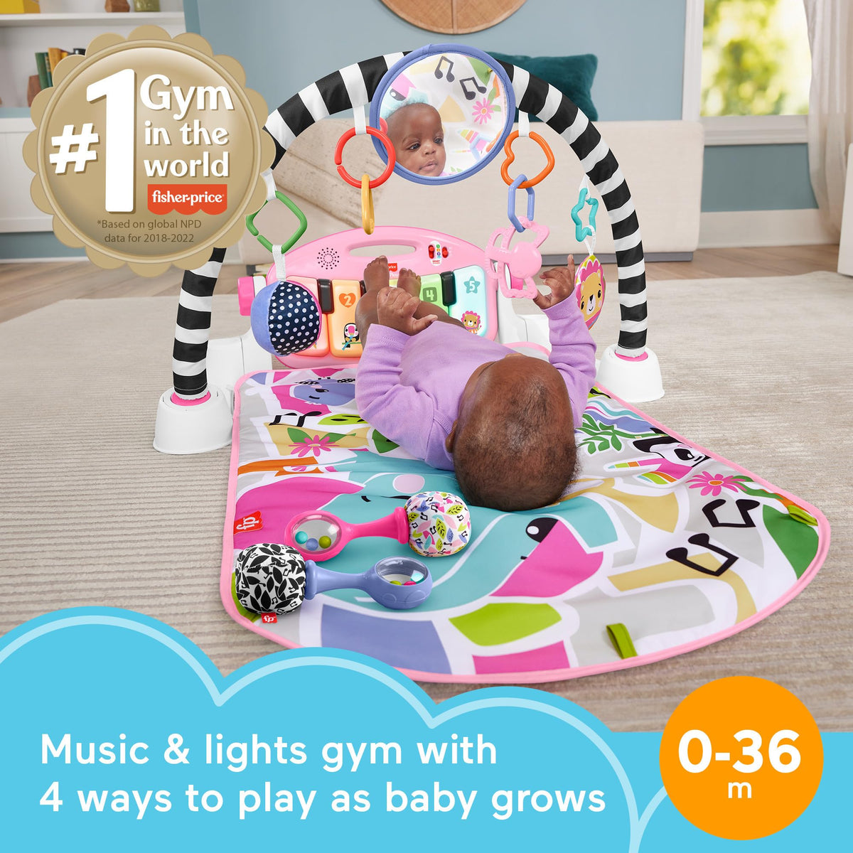 Fisher-Price Glow and Grow Kick & Play Piano Gym, Pink, Ages 0+ Months