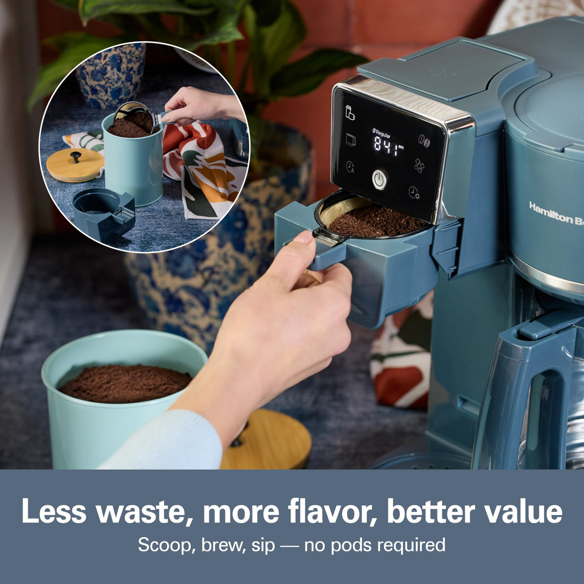 Hamilton Beach 2-Way Programmable Iced/Hot Coffee Maker, Single-Serve and 12 Cup Glass Carafe, LED Screen, Kitchen Makeover Blue, 47502J