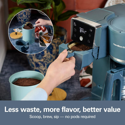 Hamilton Beach 2-Way Programmable Iced/Hot Coffee Maker, Single-Serve and 12 Cup Glass Carafe, LED Screen, Kitchen Makeover Blue, 47502J