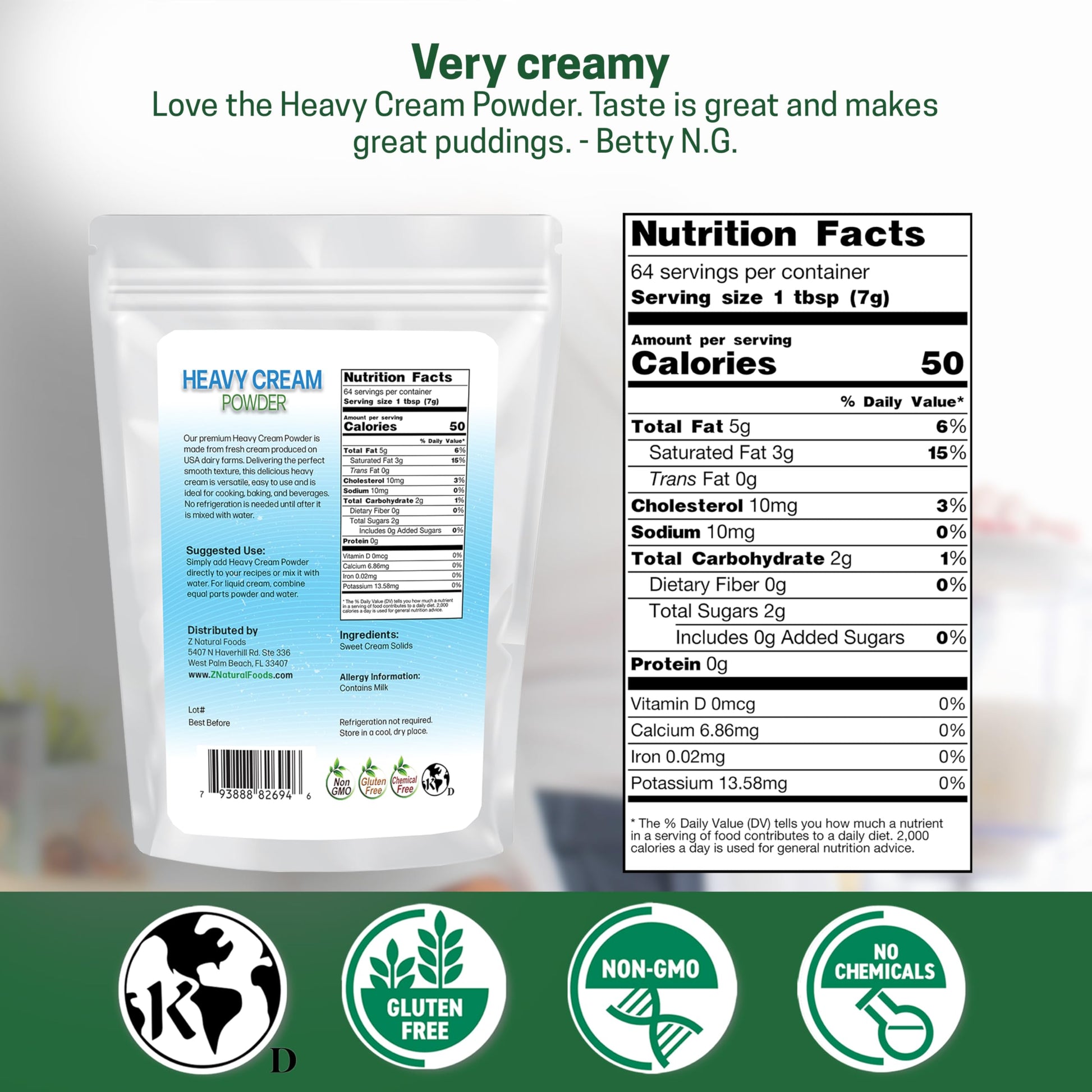 Z Natural Foods Heavy Cream Powder - 1 lb Shelf-Stable Powdered Cream for Coffee, Baking & Cooking