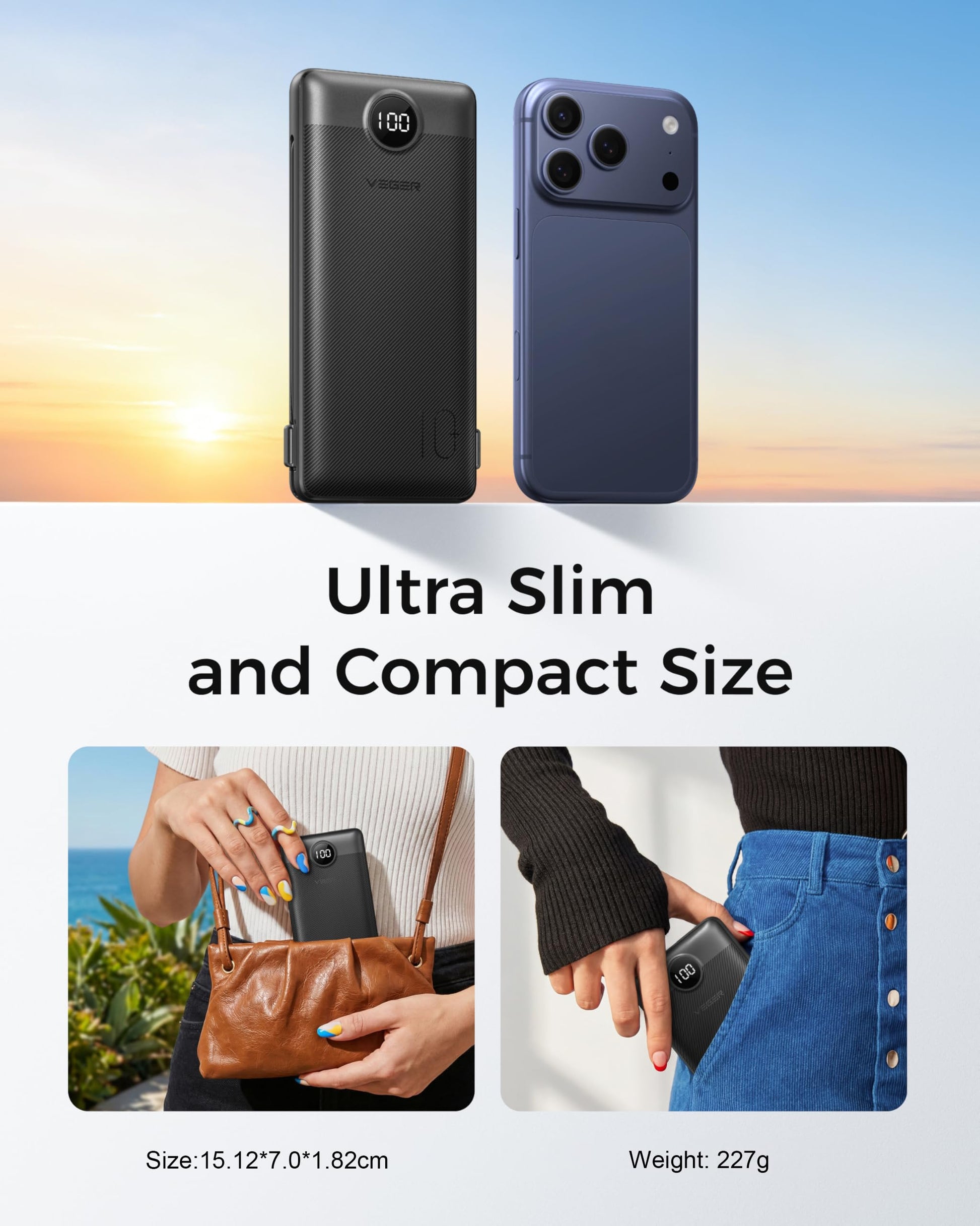 VEGER Portable Charger for iPhone Built in Cables and Wall Plug, 10000mah Slim Fast Charging USB C Power Bank, Travel Essential Battery Pack Compatible with iPhones, iPad, Samsung More Devices(Black) - Available at All In One Marketplace Canada