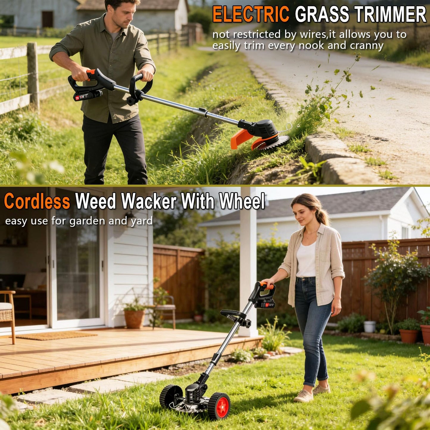21V Cordless Weed Wacker for Thick Weeds, Lawn & Yard, 3-in-1 String Trimmer/Edger/Brush Cutter with 2 Batteries, 4 Blades & Wheels, 90° Pivot Head, Adjustable Height, Lightweight Easy for Homeowners - Available at All In One Marketplace Canada