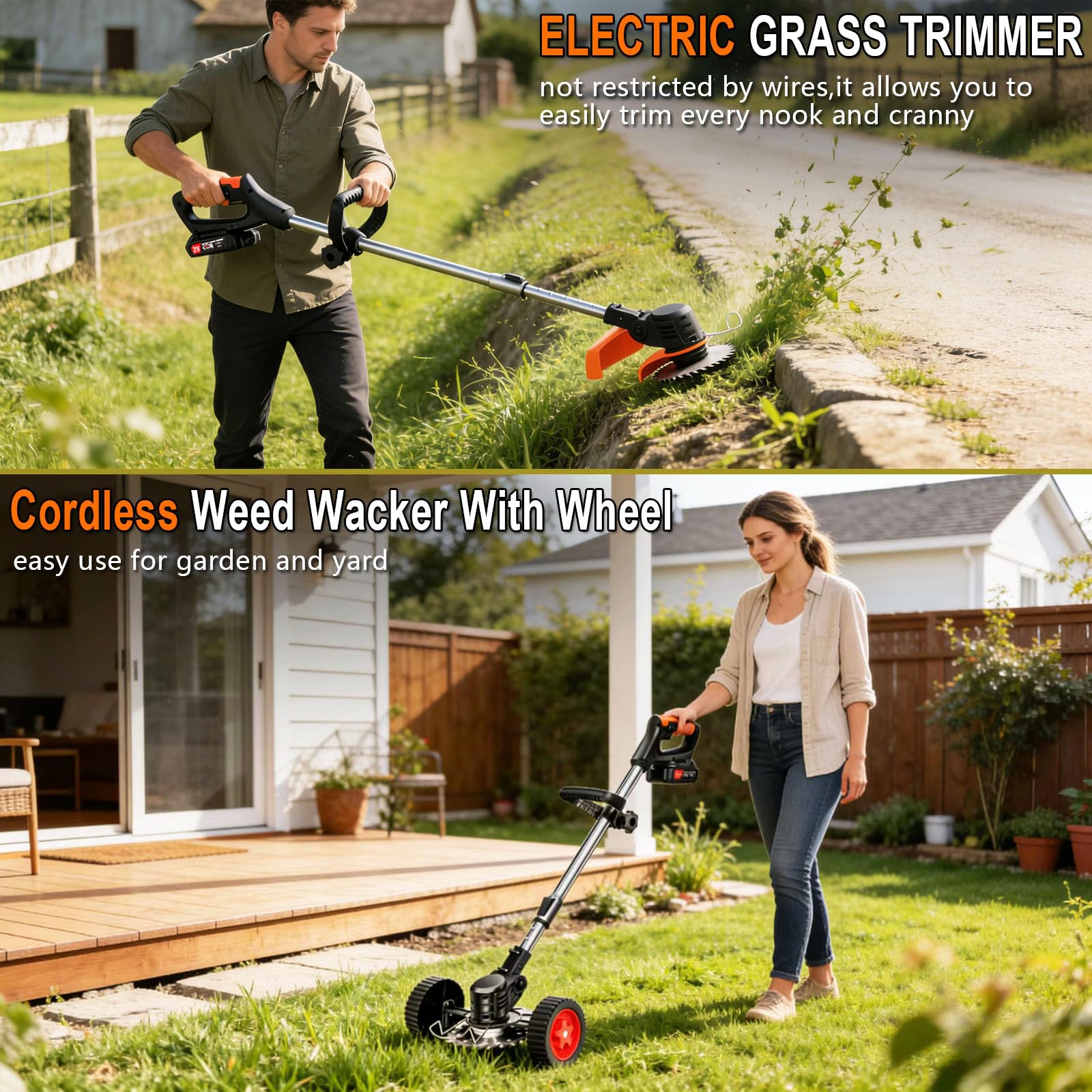 21V Cordless Weed Wacker for Thick Weeds, Lawn & Yard, 3-in-1 String Trimmer/Edger/Brush Cutter with 2 Batteries, 4 Blades & Wheels, 90° Pivot Head, Adjustable Height, Lightweight Easy for Homeowners - Available at All In One Marketplace Canada