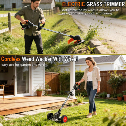 21V Cordless Weed Wacker for Thick Weeds, Lawn & Yard, 3-in-1 String Trimmer/Edger/Brush Cutter with 2 Batteries, 4 Blades & Wheels, 90° Pivot Head, Adjustable Height, Lightweight Easy for Homeowners - Available at All In One Marketplace Canada