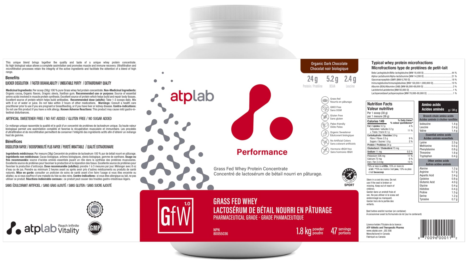 ATP LAB Grass Fed Whey Protein Concentrate - Organic Dark Chocolate - 1.8kg (47 Servings)