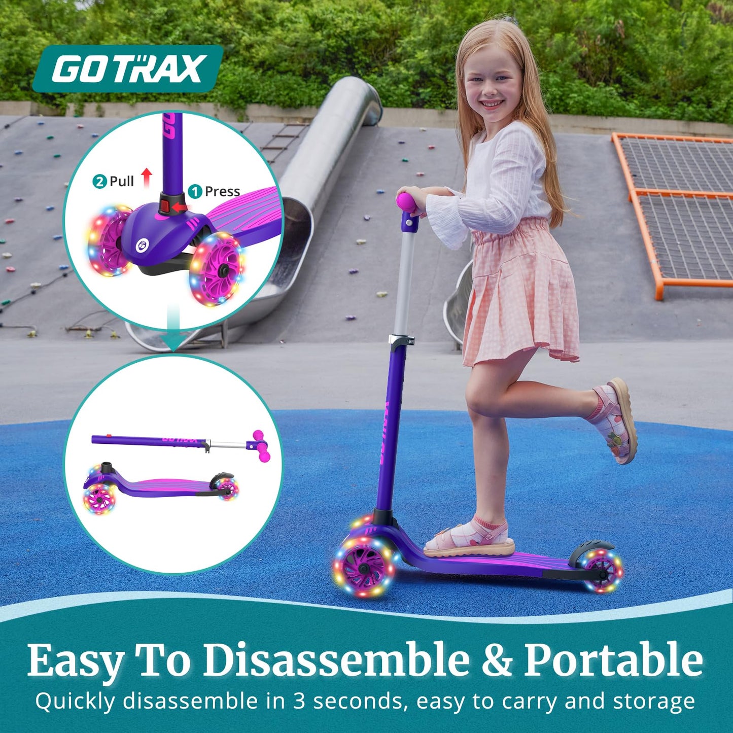 Gotrax KS1 Kids Kick Scooter, LED Lighted Wheels and 3 Adjustable Height Handlebars, Lean-to-Steer & Widen Anti-Slip Deck, 3 Wheel Scooter for Boys & Girls Ages 3+ and up to 100 Lbs (Purple)