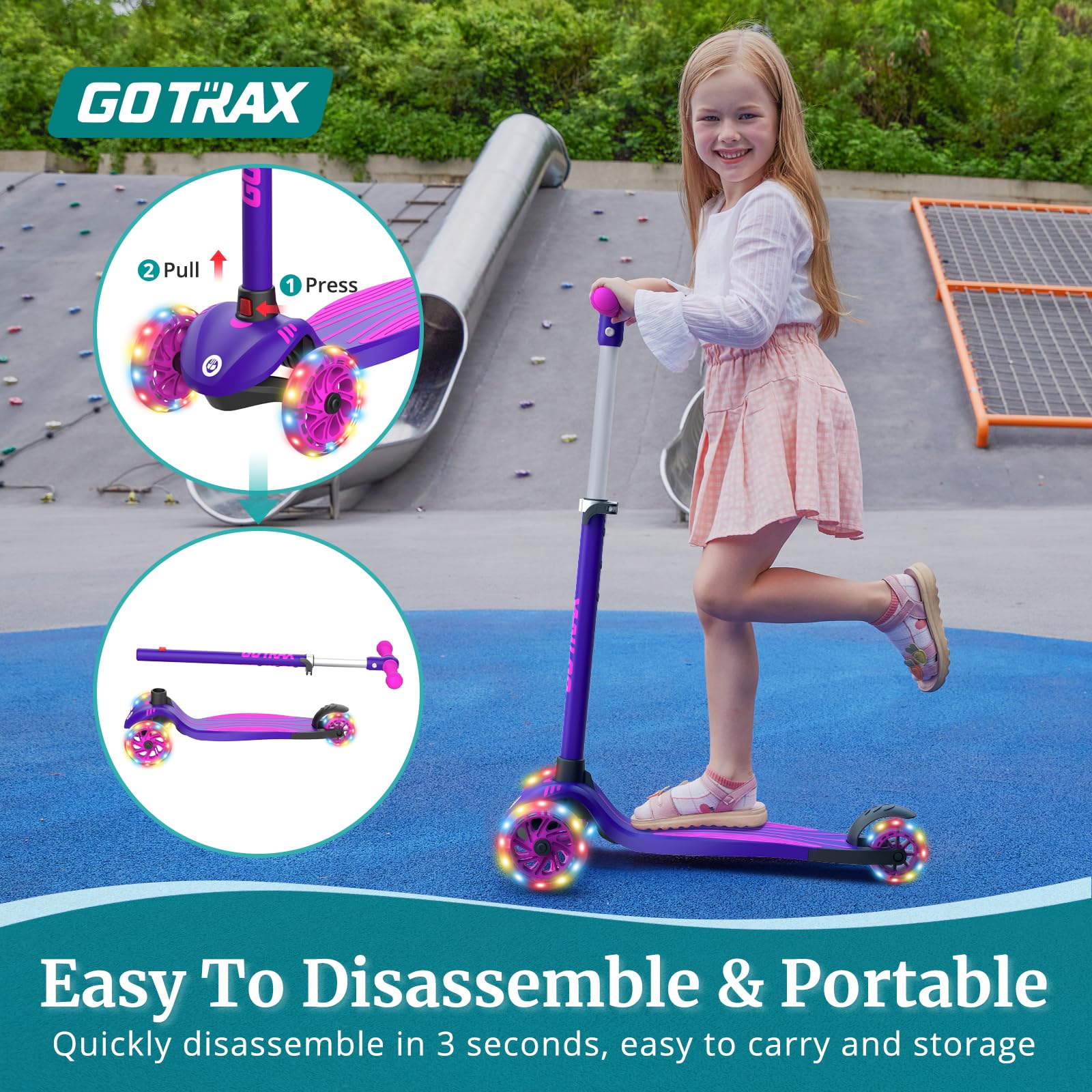 Gotrax KS1 Kids Kick Scooter, LED Lighted Wheels and 3 Adjustable Height Handlebars, Lean-to-Steer & Widen Anti-Slip Deck, 3 Wheel Scooter for Boys & Girls Ages 3+ and up to 100 Lbs (Purple)