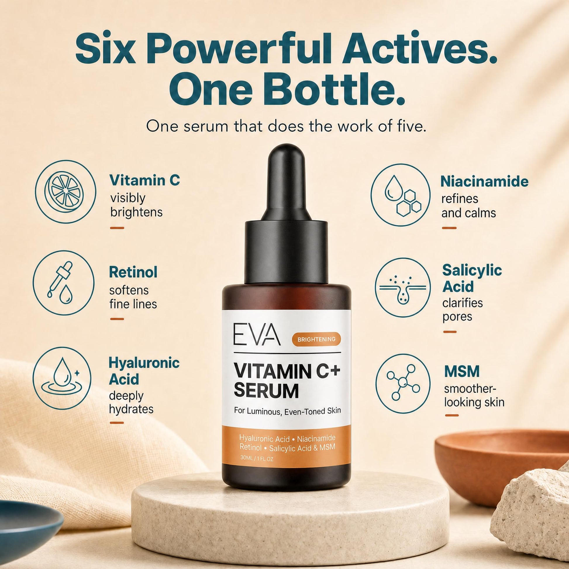 Eva Naturals Vitamin C+ Serum for Face – Anti Aging Facial Serum with Retinol, Salicylic Acid, Niacinamide & Hyaluronic Acid – Dark Spot, Fine Line & Wrinkle Support for Radiant Skin