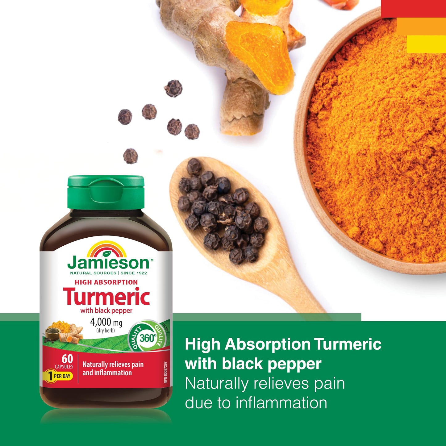 Jamieson Turmeric 4,000 mg, with Black Pepper, 60 Vegetarian Capsules, Natural Joint Pain Relief, Supports Inflammation, Helps with Digestion. High Absorption, Non-GMO, Proudly Canadian - Available at All In One Marketplace Canada