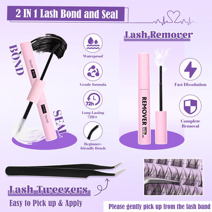 Wispy Lash Clusters Kit Natural Lash Extensions Kit DIY Cluster Eyelash Extensions C Curl 8-16mm Individual Lashes with Lash Remover Bond and Seal Soft Thin Band by ALICE - Available at All In One Marketplace Canada