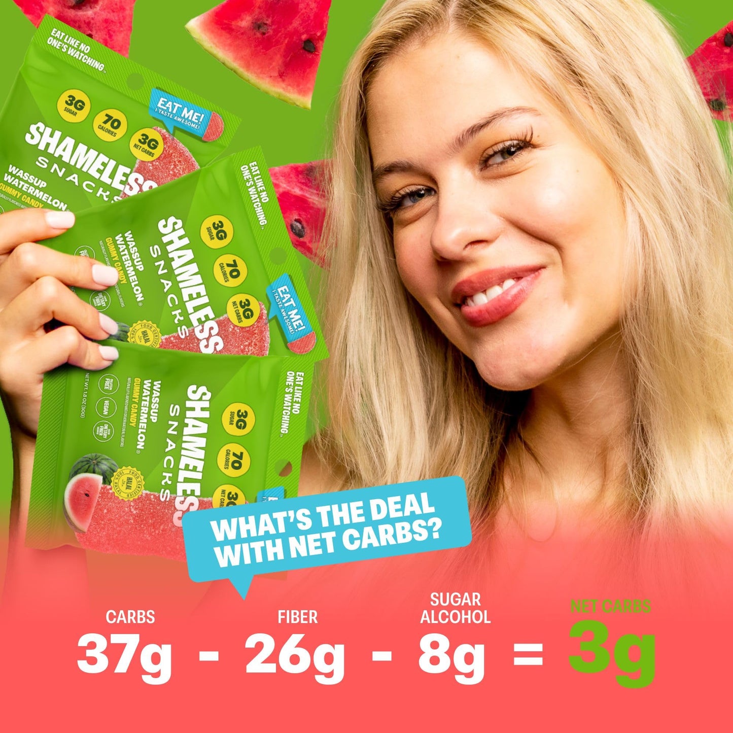 Shameless Snacks Wassup Watermelon Keto Gummies - Low Calorie, Low Carb, Gluten Free (6 Pack)
