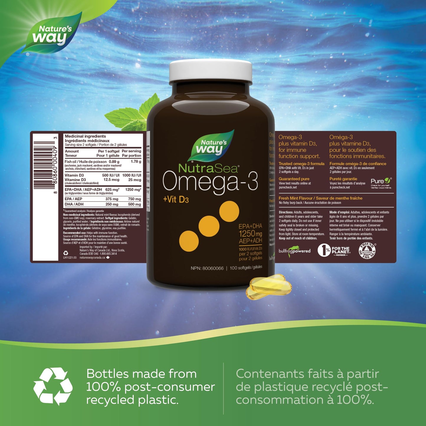 Nature's Way NutraSea Omega-3 and Vitamin D Soft Gels - Fish Oil Supplement with EPA and DHA – Helps Support the Maintenance of Good Health – Mint Flavour, 100 Softgels Nature's Way