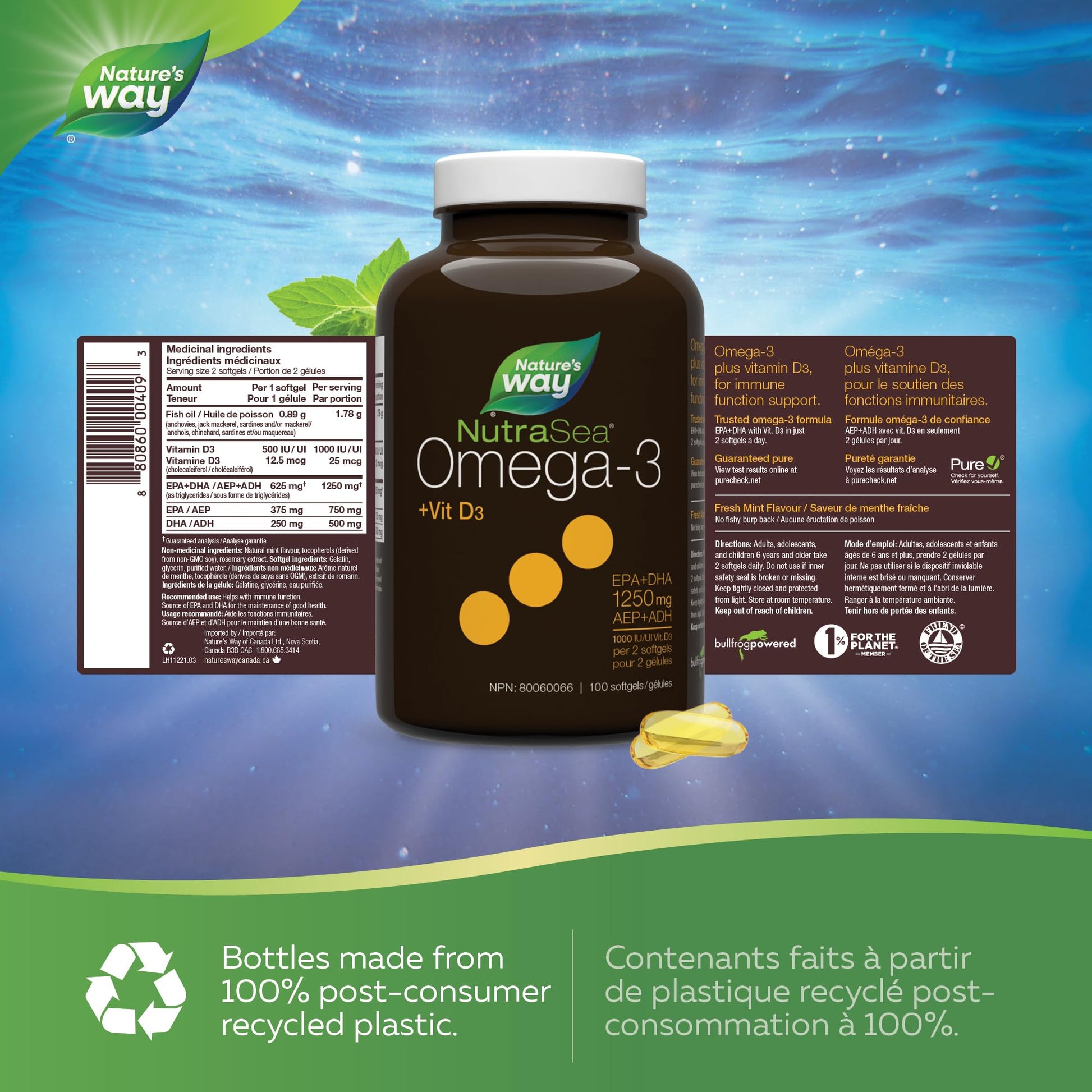 Nature's Way NutraSea Omega-3 and Vitamin D Soft Gels - Fish Oil Supplement with EPA and DHA – Helps Support the Maintenance of Good Health – Mint Flavour, 100 Softgels Nature's Way