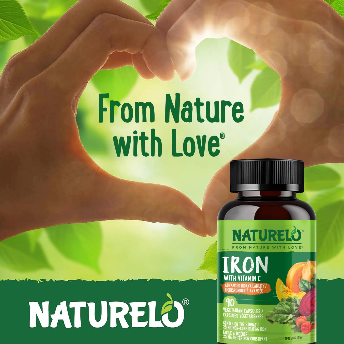 NATURELO Vegan Iron Supplement with Vitamin C and Organic Whole Foods, 90 Capsules, Gentle Iron Capsules for Women & Men with this Mineral Deficiency - Including Pregnancy, Anemia and Vegan Diets - Available at All In One Marketplace Canada